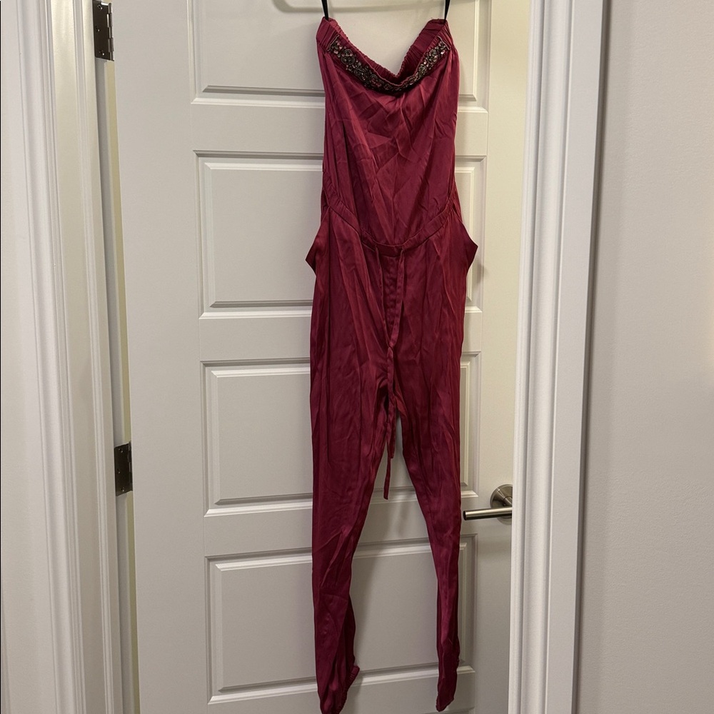 Sleeveless Beaded V-Neck Jumpsuit in Deep Berry